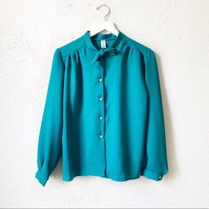 Vintage Emerald Tie Neck Button Front Blouse Large